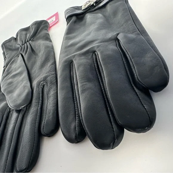 Kate Spade NY Black Lamb Leather Gloves Silver Logo Buckle Sz L - Picture 6 of 8